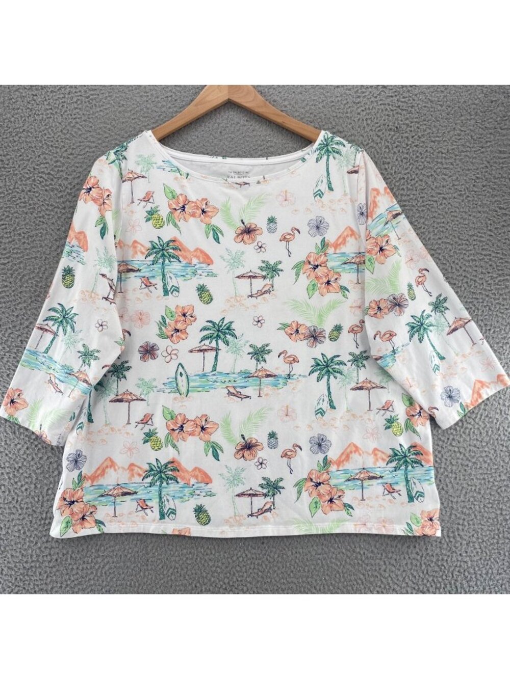 Talbots Top Women 3X White Floral Tropical Beach Palm Boat Neck Stretch Knit Tee